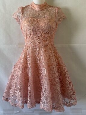 Peach Pink Lace Fit and Flare Dress Size S Open Back Romantic Event Formal